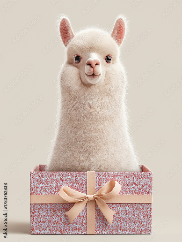 Obraz premium Alpaca sits in a pink gift box. Perfect for festive gifting.