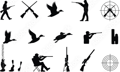 Duck hunting silhouettes, rifle and target icons, flying bird shapes, hunter action poses, outdoor sport elements, flat vector illustration