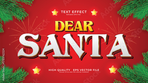 Dear Santa 3D Text Effect with Festive Red Background and Decorative Elements