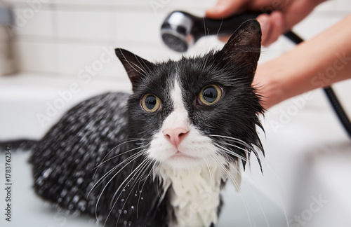 Black and white cat being bathed in the bathroom. Water sprays from a handheld shower as a person washes the cat.