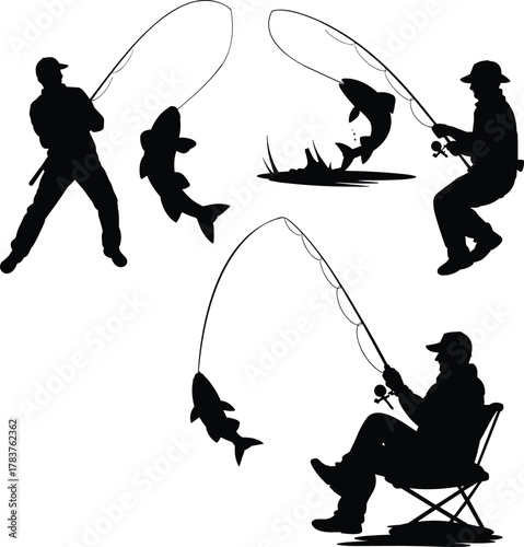 Fishing silhouette poses, angler action icons, catch moment scenes, outdoor sport figures, recreational fishers set, flat vector illustration