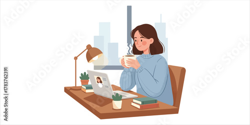Happy calm lady student enjoying warm hot drink with mug in hands working or studying online A bold yet minimalist composition with handcrafted textures, geometric forms, and clean color blocks. A mod