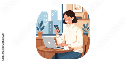 Young smiling happy woman business lady or student sitting in city cafe holding smartphone using cell phone and laptop technology A bold yet minimalist composition with handcrafted textures, geometric