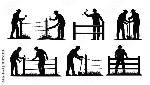 Fence construction and repair silhouettes isolated on white background, Vector