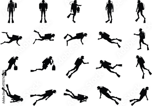 Scuba diver silhouette collection, underwater activity poses, diving gear vector set, marine exploration icons, swimming actions, black flat vector illustration