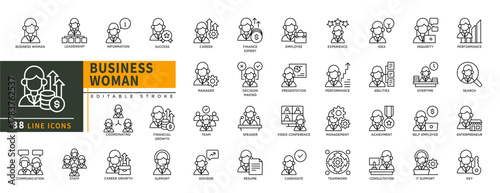 Minimalist Business Woman line icons set with editable stroke, featuring leadership, information, success, career, finance, employee, presentation, performance, manager, etc. thin linear illustration.