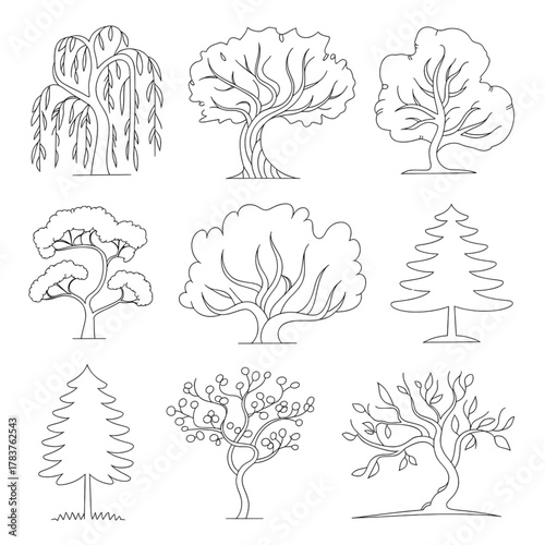 AI Generated Discover a variety of tree line drawings to add natural beauty and whimsical charm to your designs, perfect for coloring books and educational materials
