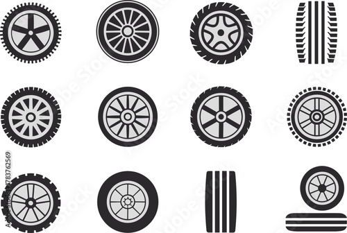 Tire and wheel icons, automotive silhouette set, tread pattern designs, rim style variations, vehicle parts bundle, flat vector illustration