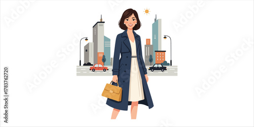 Young happy elegant brunette woman wearing coat standing on big city street A bold yet minimalist composition with handcrafted textures, geometric forms, and clean color blocks. A modern and elegant d
