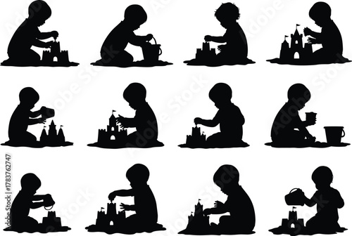 Flat vector children building sandcastles, beach play silhouette, creative summer activity, kids sitting on ground, playful outdoor fun illustration design