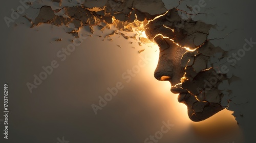 head silhouette cracking open with golden light emerging inside, symbolizing emotional awakening after burnout, warm dramatic light and shadow contrast, 