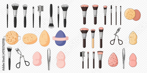 A comprehensive collection of diverse makeup brushes, beauty sponges, and cosmetic tools for various application needs.