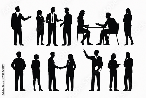 Business people silhouettes in corporate interaction and teamwork scenarios