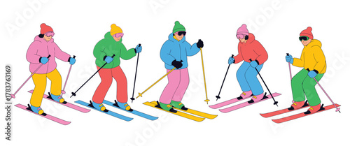 Winter skiing and snowboarding, colorful flat style vector illustration of skiers and snowboarders on snowy slopes, outdoor winter sports concept.