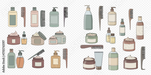 A collection of hair care products and styling tools, including shampoos, conditioners, creams, oils, and combs.