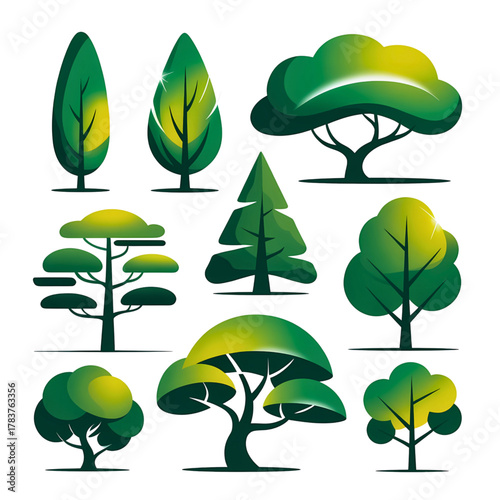 Vibrant collection of stylized trees perfect for nature themed designs or eco friendly campaigns with a fresh modern look and feel appealing to environmentally conscious buyers