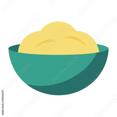 Vector illustration of yellow creamy food in a vibrant teal bowl