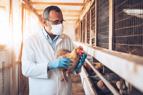 A veterinarian in a white coat holds a chicken in a poultry farm. Masks and gloves indicate a veterinary check in a well lit barn.