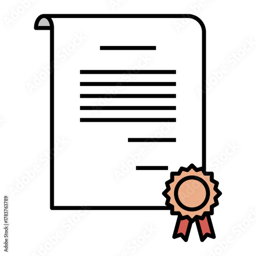 Flat Document with Seal and Ribbon Illustration on White Background