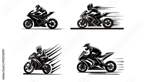 Four stylized black motorcycle illustrations show racers in motion, with various speed effects