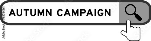 Search banner in word autumn campaign with hand over magnifier icon on white background