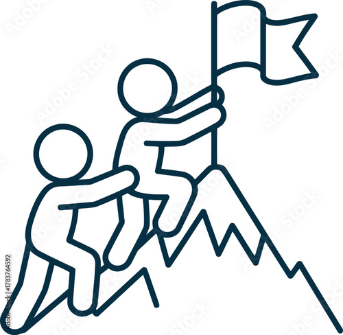Teamwork icon reaching mountain peak goal