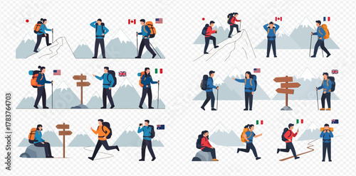 Illustrations of diverse hikers and trekkers exploring mountains with national flags and signposts.
