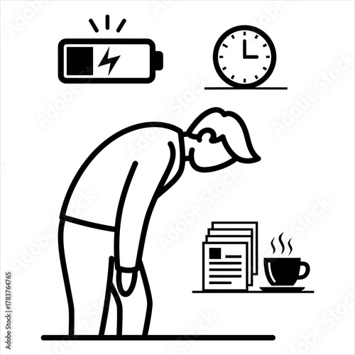 Minimalist black and white stick figure slumping forward isolated on white background