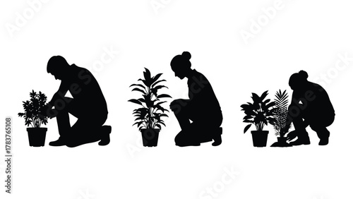 People tending potted plants silhouettes isolated on white background, Vector
