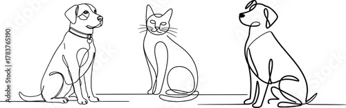 Elegant one-line art featuring beloved cat and dog friends, perfect for minimalist designs and heartwarming pet projects or branding, capturing modern pet style
