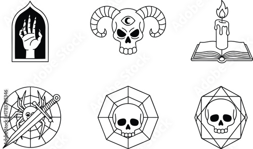 Unleash Dark Magic with Spooky Icon Set featuring Skulls, Spiders, and Occult Symbols for Halloween Designs or Tattoo Inspiration- Perfect for Creepy Projects
