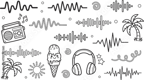 Doodle summer vibes with retro radio, ice cream, palm trees, headphones, and sound waves for a fun, nostalgic feel ideal for creative projects or playful designs