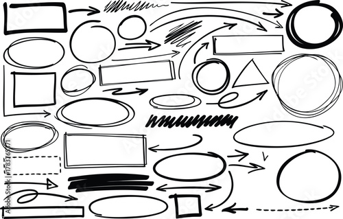 Boost your design with this collection of hand-drawn arrows and shapes, perfect for highlighting key points in presentations or adding creative flair to websites