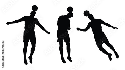 Soccer players heading ball silhouettes set isolated on white background, Vector