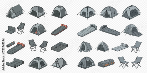 The image shows a collection of isometric camping gear, including various tents, sleeping bags, mats, and folding chairs, on a transparent background.