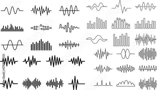 Diverse soundwave patterns for music production, data visualization, or scientific analysis projects, offering dynamic visual elements and abstract graphic designs