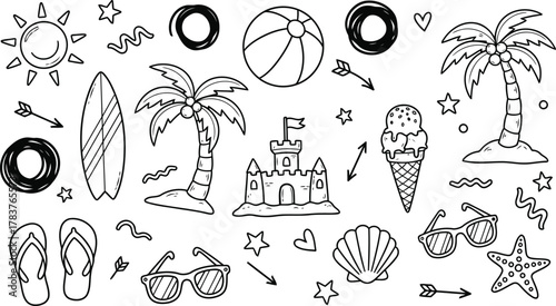 Dreaming of summer vacations with surfboards, palm trees, sunglasses, ice cream, beach balls, flip flops and sandy castles for playful creative projects