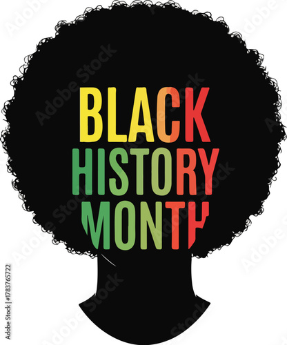 A graphic illustration of an afro with the words 'Black History Month' in multicolored letters against a white