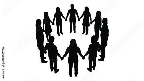 Diverse group holding hands in a circle silhouette isolated on white background, Vector
