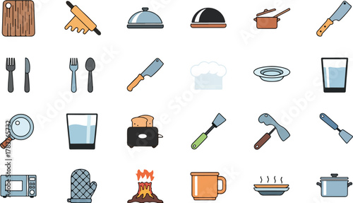 Flat lay of various cartoon medical tools and equipment on a white background.