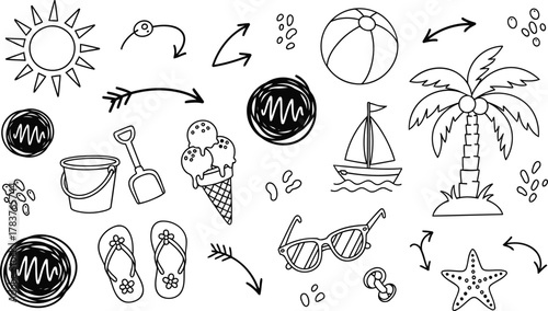 Dreaming of summer vacation with playful beach doodles of sun, sand, and sea adventures, creating a happy and carefree vibe for your creative projects