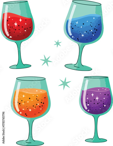 Cartoon illustration of four colorful wine glasses with sparkling liquids on a white background