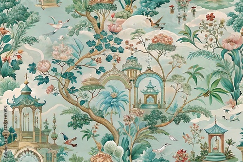 Botanical chinoiserie wallpaper featuring serene garden scene with birds pagodas blossoming trees and tranquil atmosphere creates elegant timeless backdrop for interior decoration projects