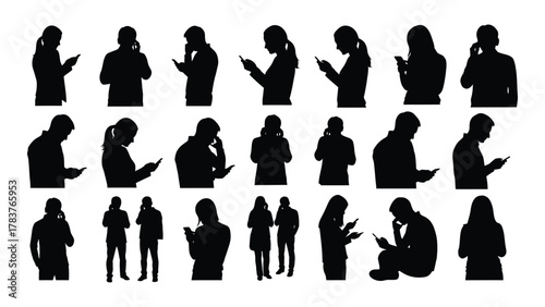 People using mobile phones silhouettes isolated on white background, Vector