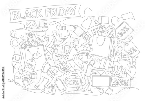 Frenzied shoppers in a detailed continuous line drawing illustration for a sale event