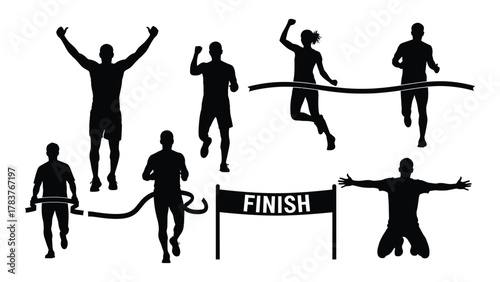 Running race finish line celebration silhouettes isolated on white background, Vector