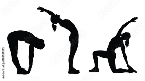 Woman stretching and yoga pose silhouettes isolated on white background, Vector