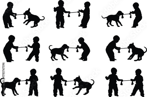 WebFlat vector child and dog interaction, playful rope toy moments, silhouette poses, dynamic pet behavior, fun outdoor companionship, motion illustration design