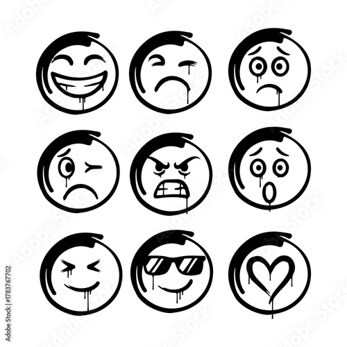 Graffiti Drip Emoji Faces – Urban emoticon vector set with dripping spray style and bold hand-drawn lines. Perfect for street art posters, stickers, t-shirts, and expressive grunge graphic design.