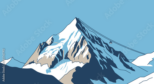 Snowy mountain top with cable car illustration